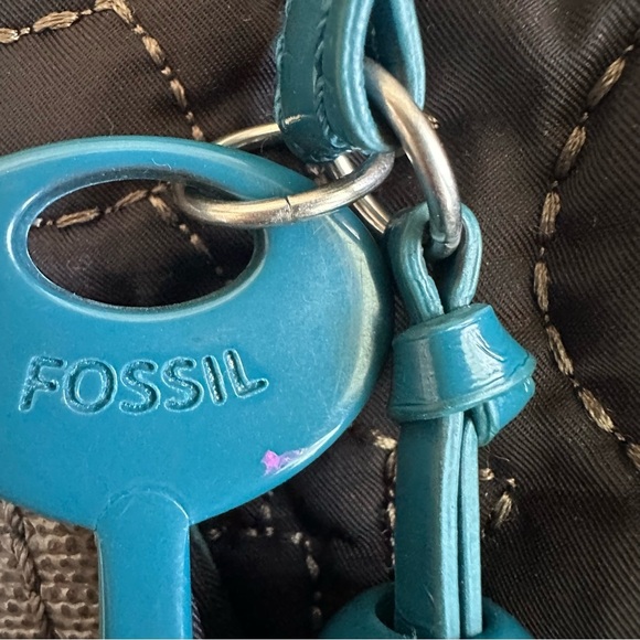 Fossil Key Per Quilted Purse Shoulder Bag Tote Brown Teal Floral Stitching Casua - Picture 5 of 15